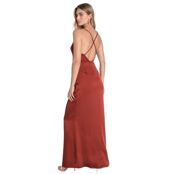 LULUS Elevated Elegance Rust Orange Satin Surplice Tulip Maxi Dress Small - Picture 2 of 6